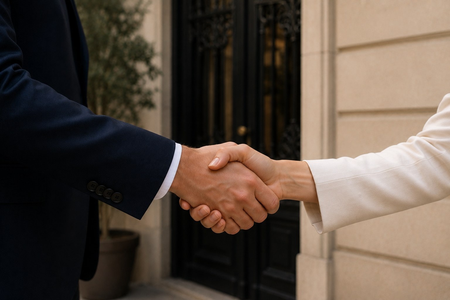 Une poignée de main devant un immeuble niçois — la confiance au cœur de chaque achat.