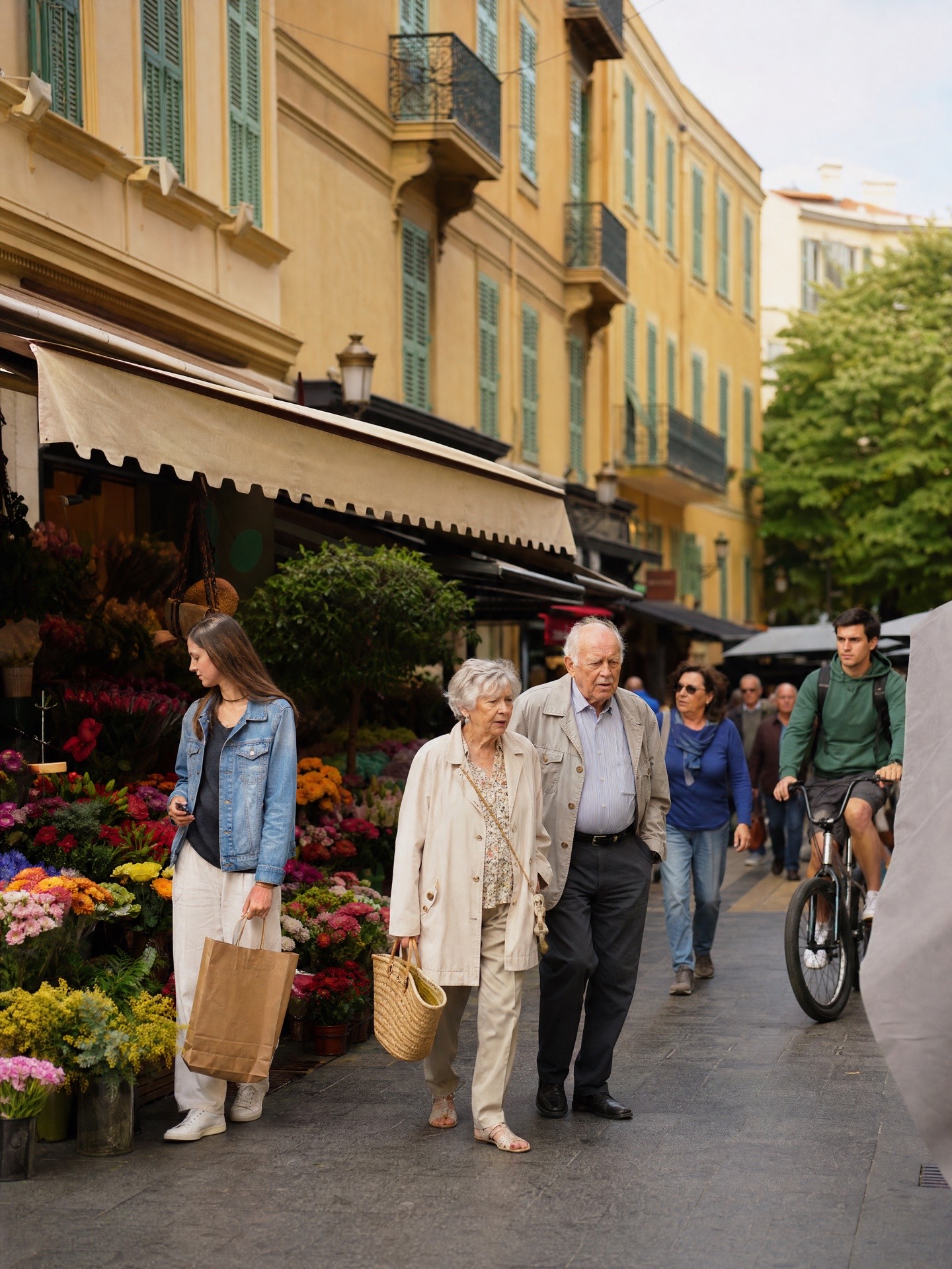 Marché de quartier au pied des façades Belle Époque : habitants de tous âges dans une rue niçoise vivante.
