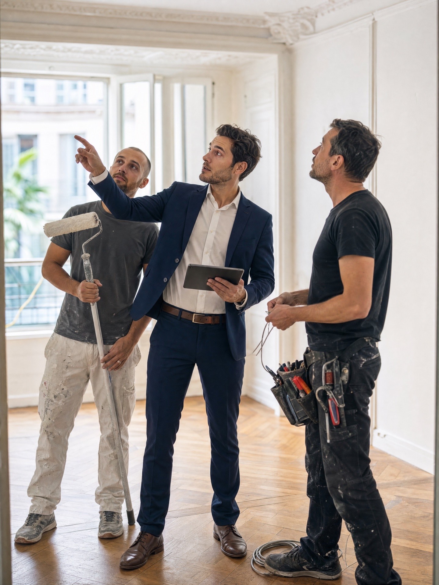 Un conseiller, tablette en main, coordonne un peintre et un électricien dans un appartement niçois en rénovation.