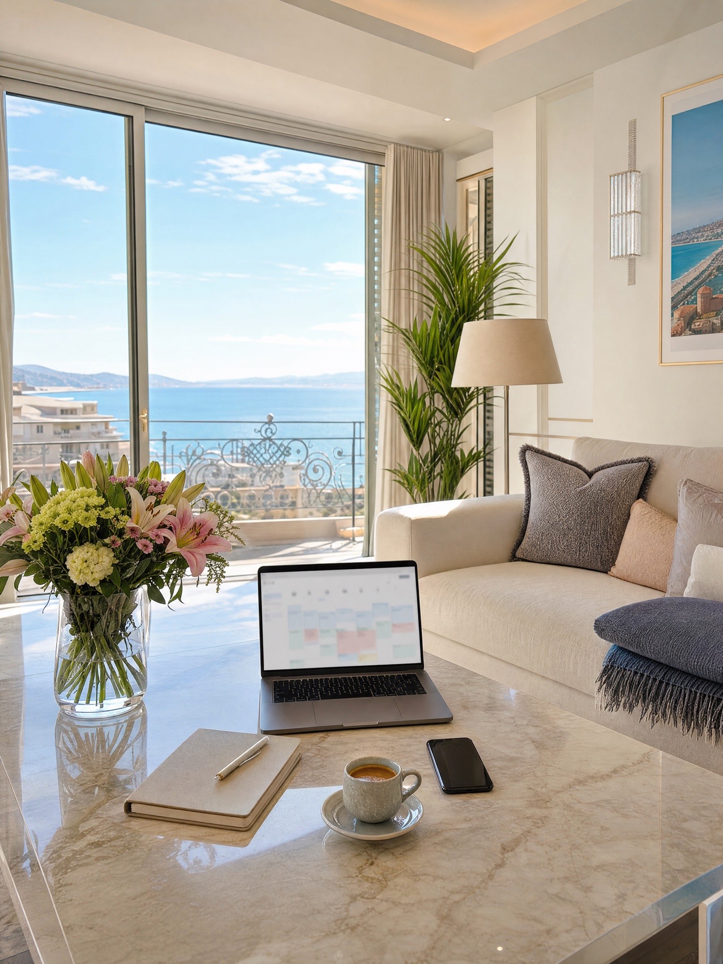 Un salon niçois impeccablement préparé pour les voyageurs, calendrier de réservations à l'écran et mer à l'horizon.