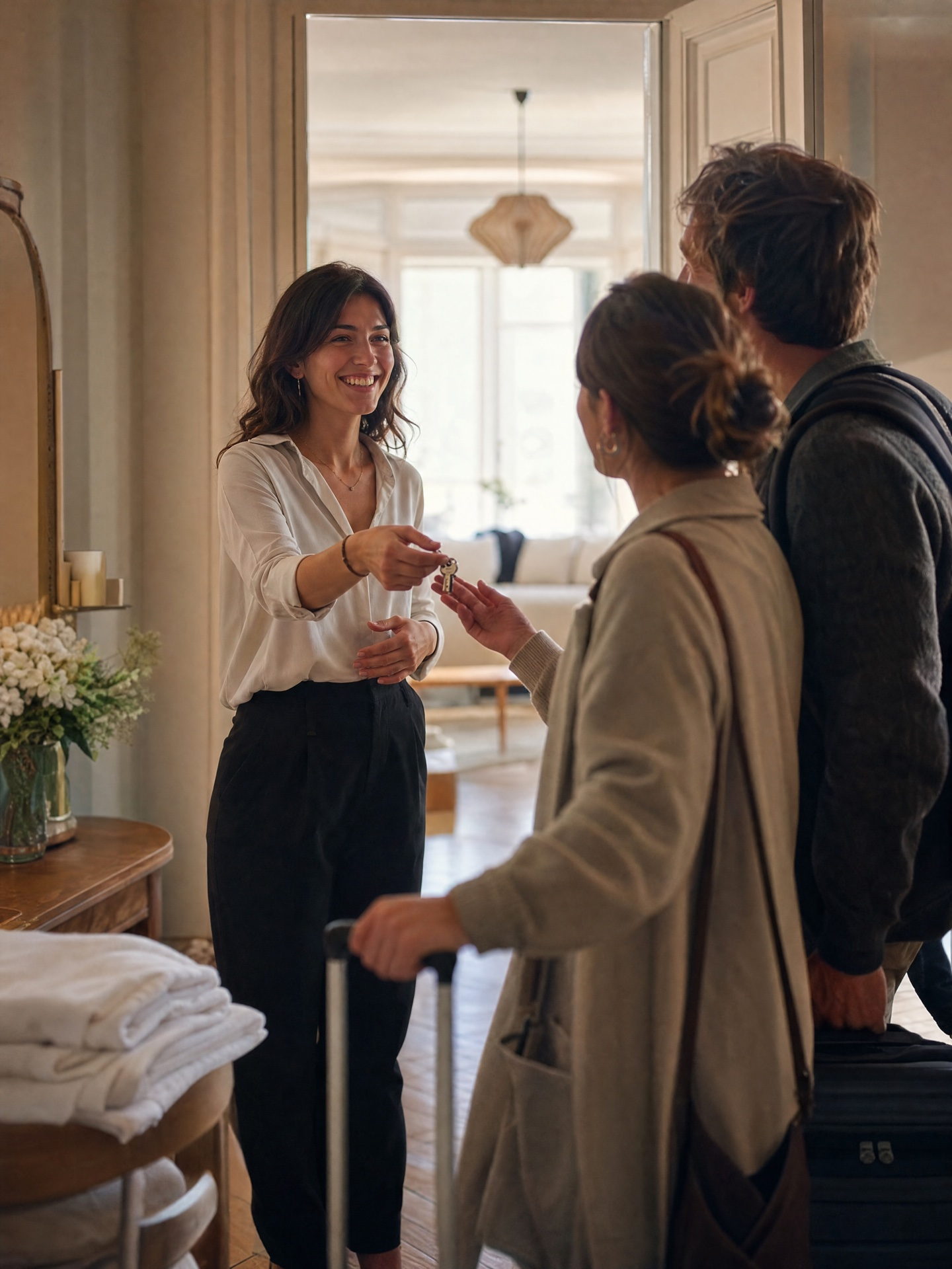 La remise des clés : une concierge souriante accueille un couple de voyageurs à l'entrée de l'appartement.