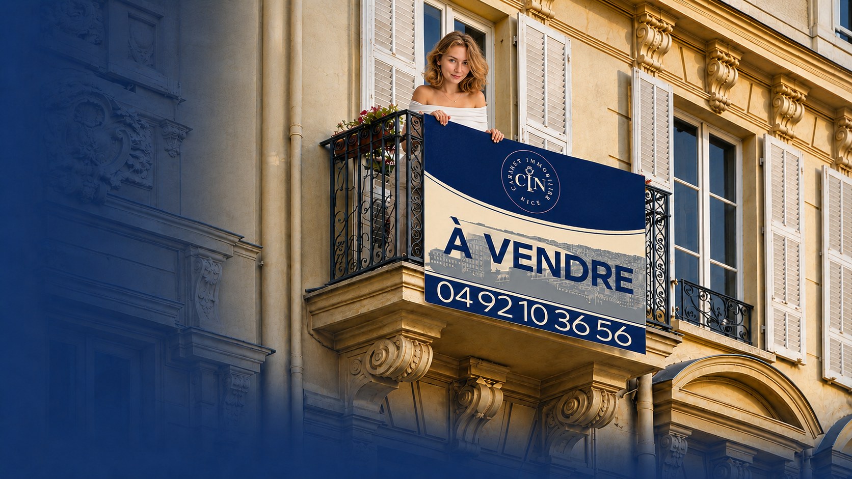 Un panneau « À vendre » du Cabinet Immobilier Nice accroché au balcon d'un immeuble niçois.